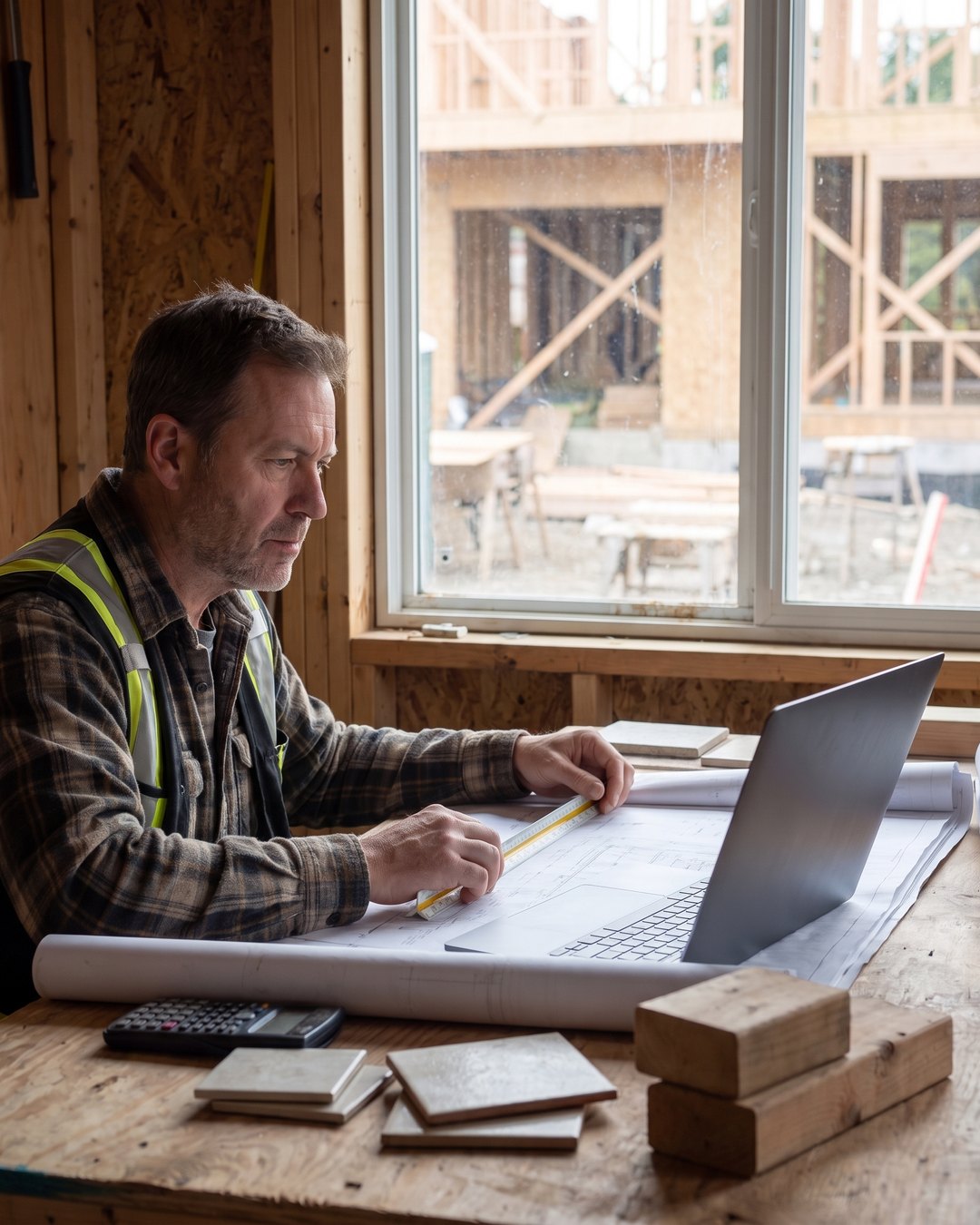An estimator working through printed construction plans at a desk