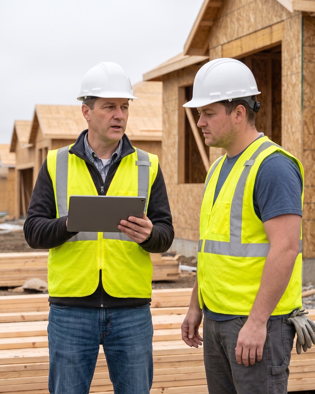 A site supervisor briefing a residential construction crew in matching safety vests before the workday