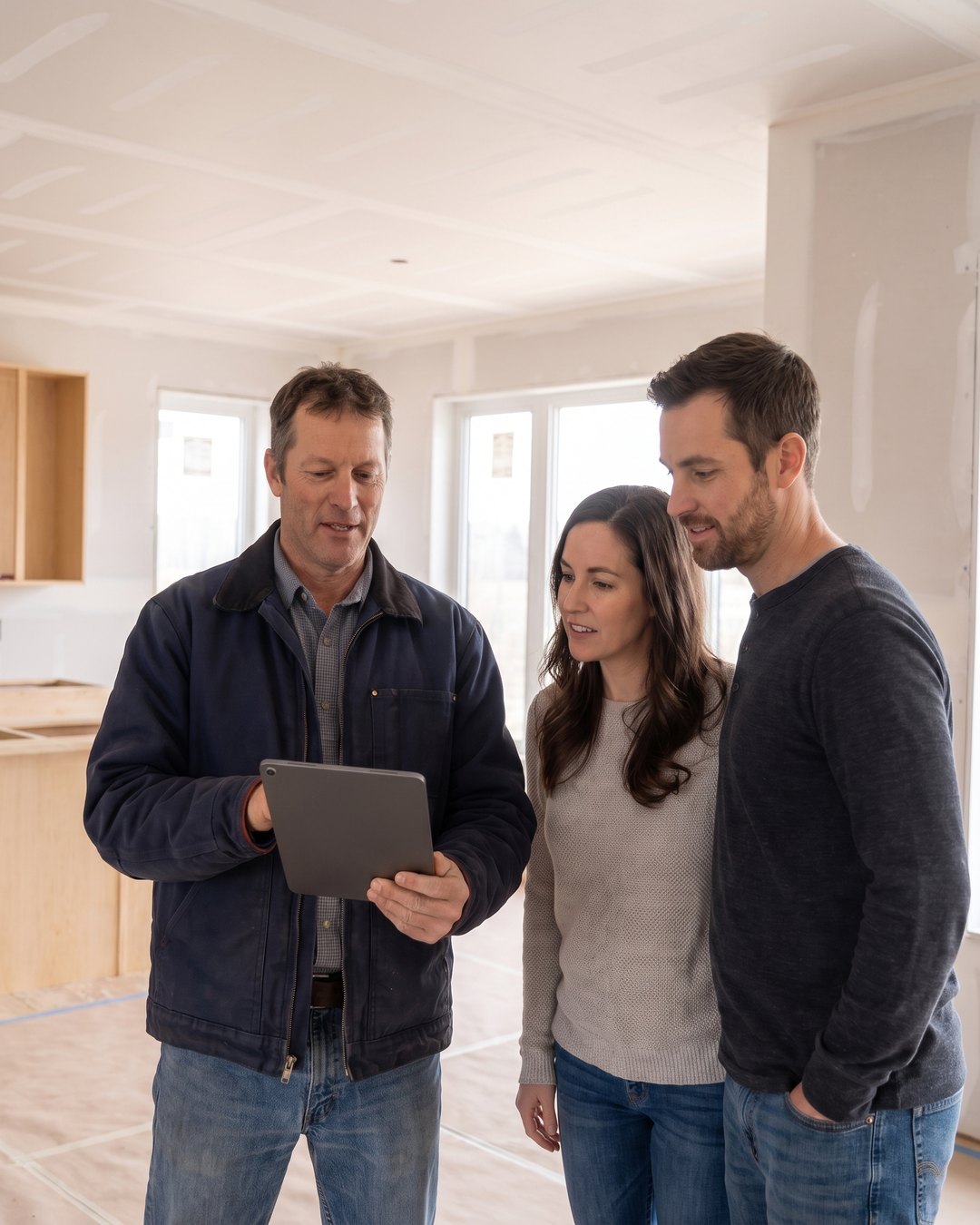 A builder showing project progress on a tablet to a homeowner couple inside their partially finished home