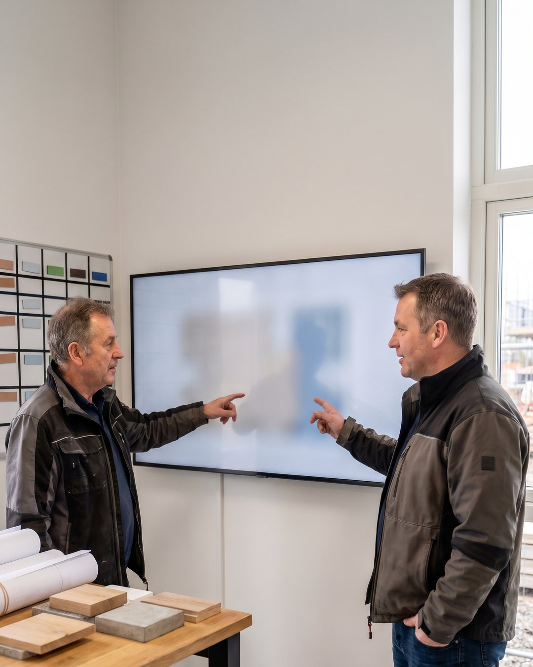 Construction business owners reviewing company performance together in an office