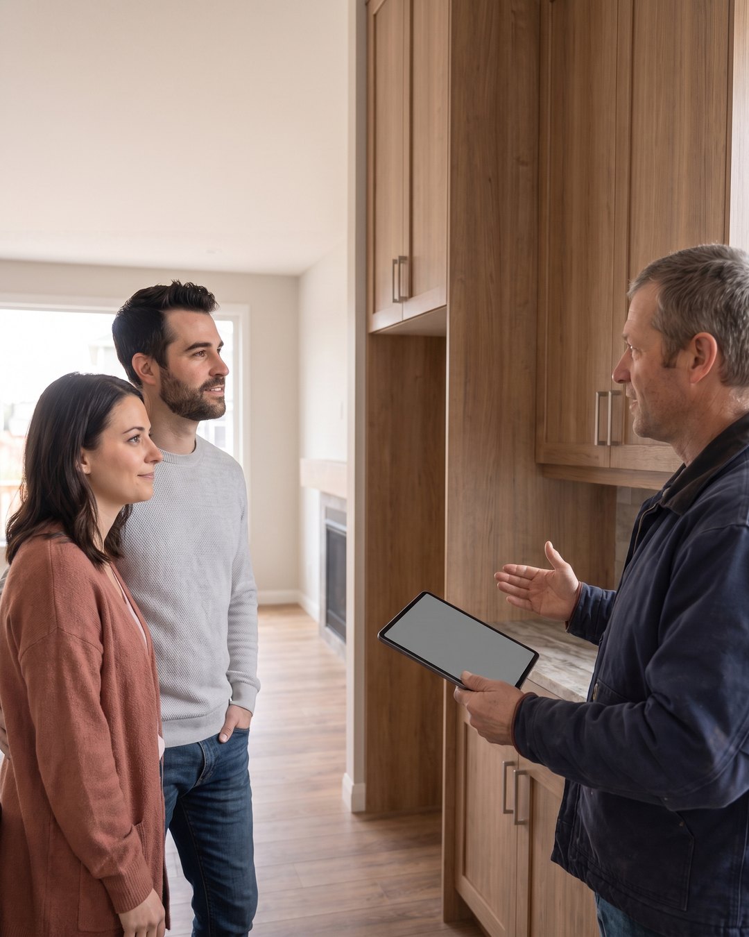 A contractor with a tablet walking a couple through their newly finished home