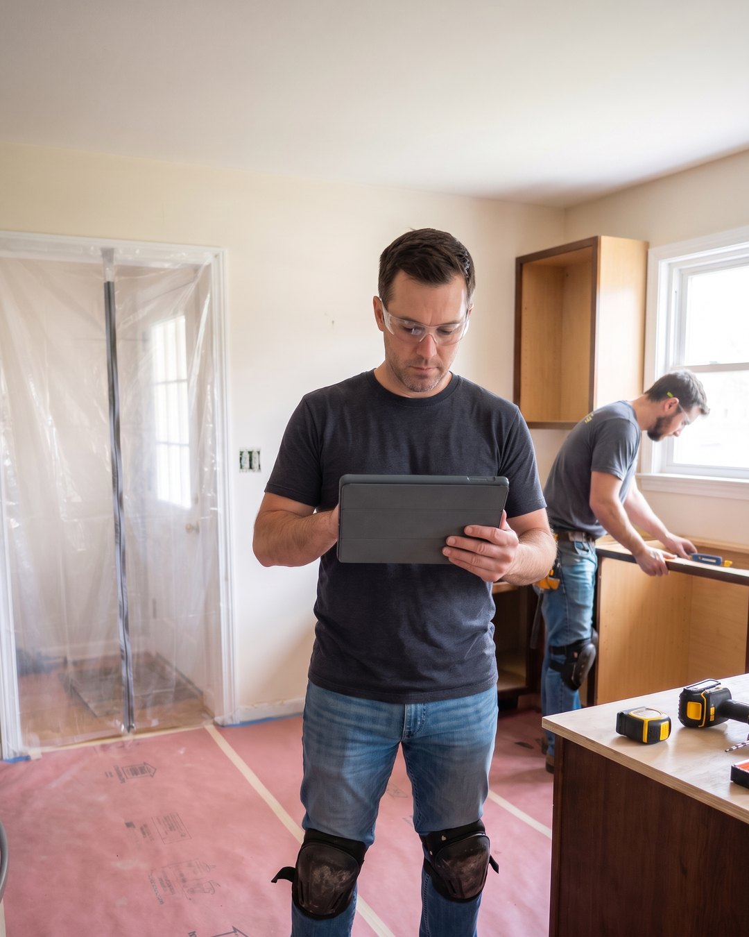 A renovation contractor working inside an in-progress home renovation